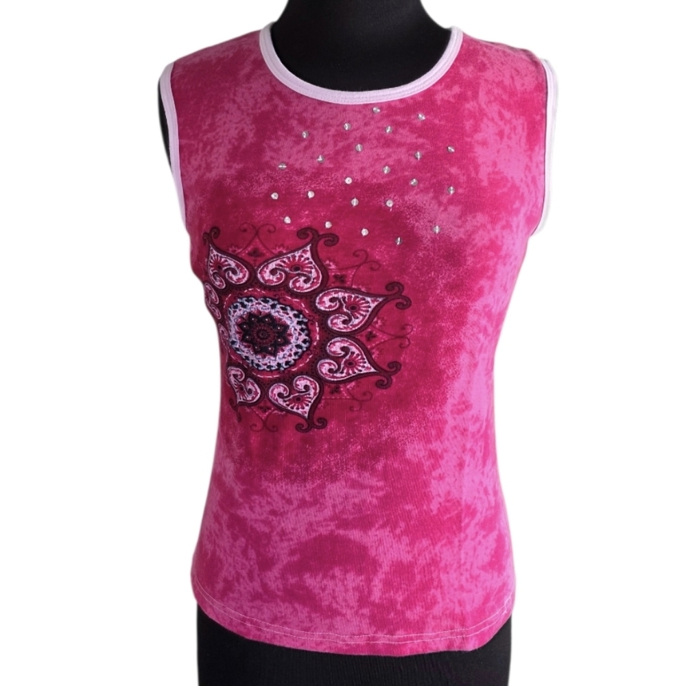 Vintage 90s Pink Mandala Tank Top Jason Maxwell Large Bling Y2K Baddie Ringer